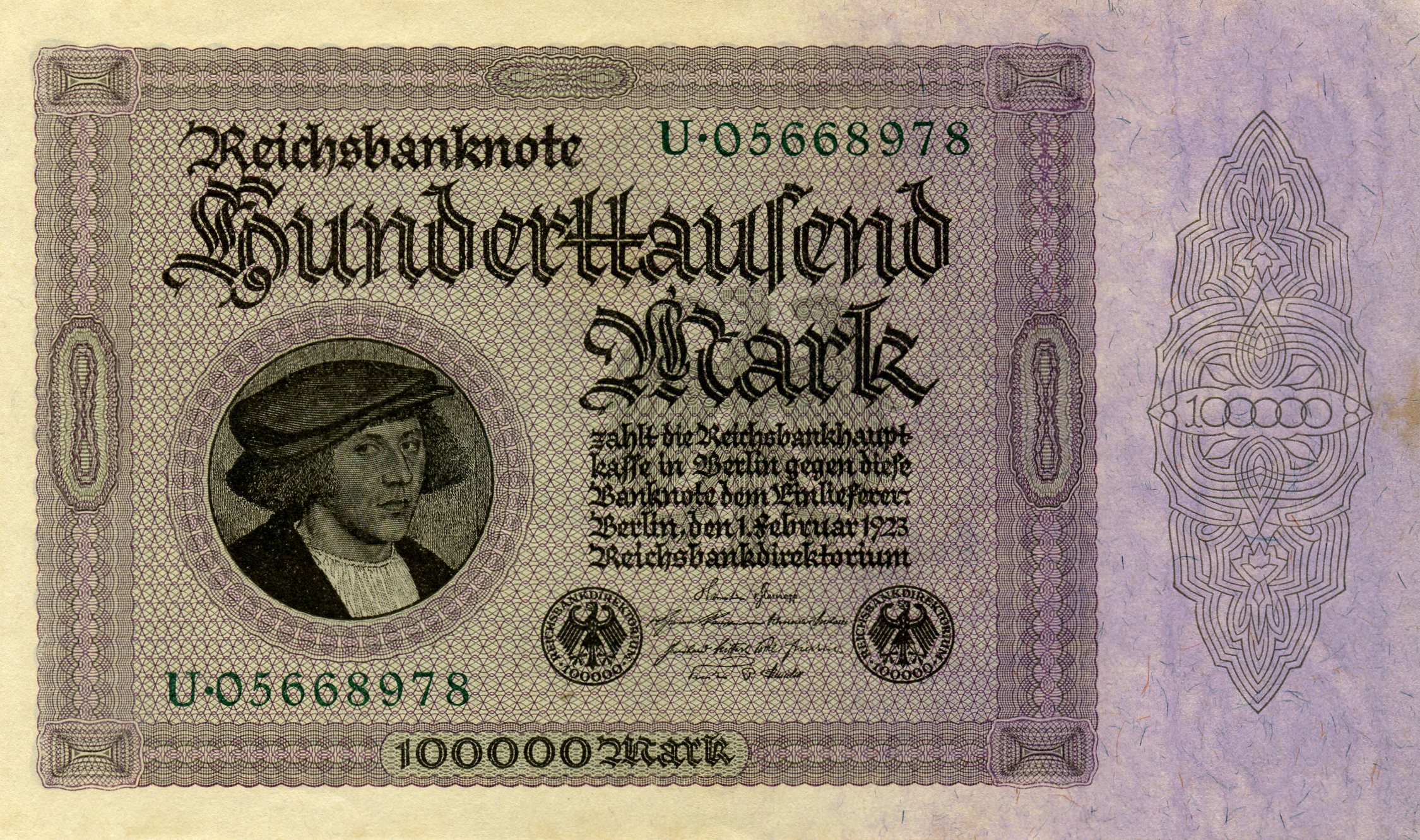 100000 марок 1 февраля 1923 года. Аверс. Реферат Рефератович.