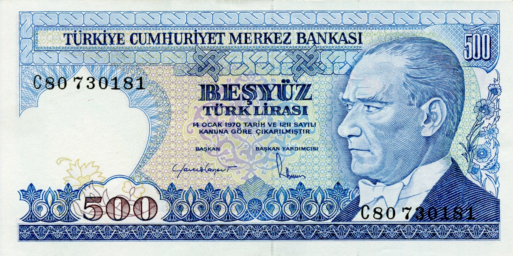 500 турецких лир 1983 года. Аверс. Реферат Рефератович.