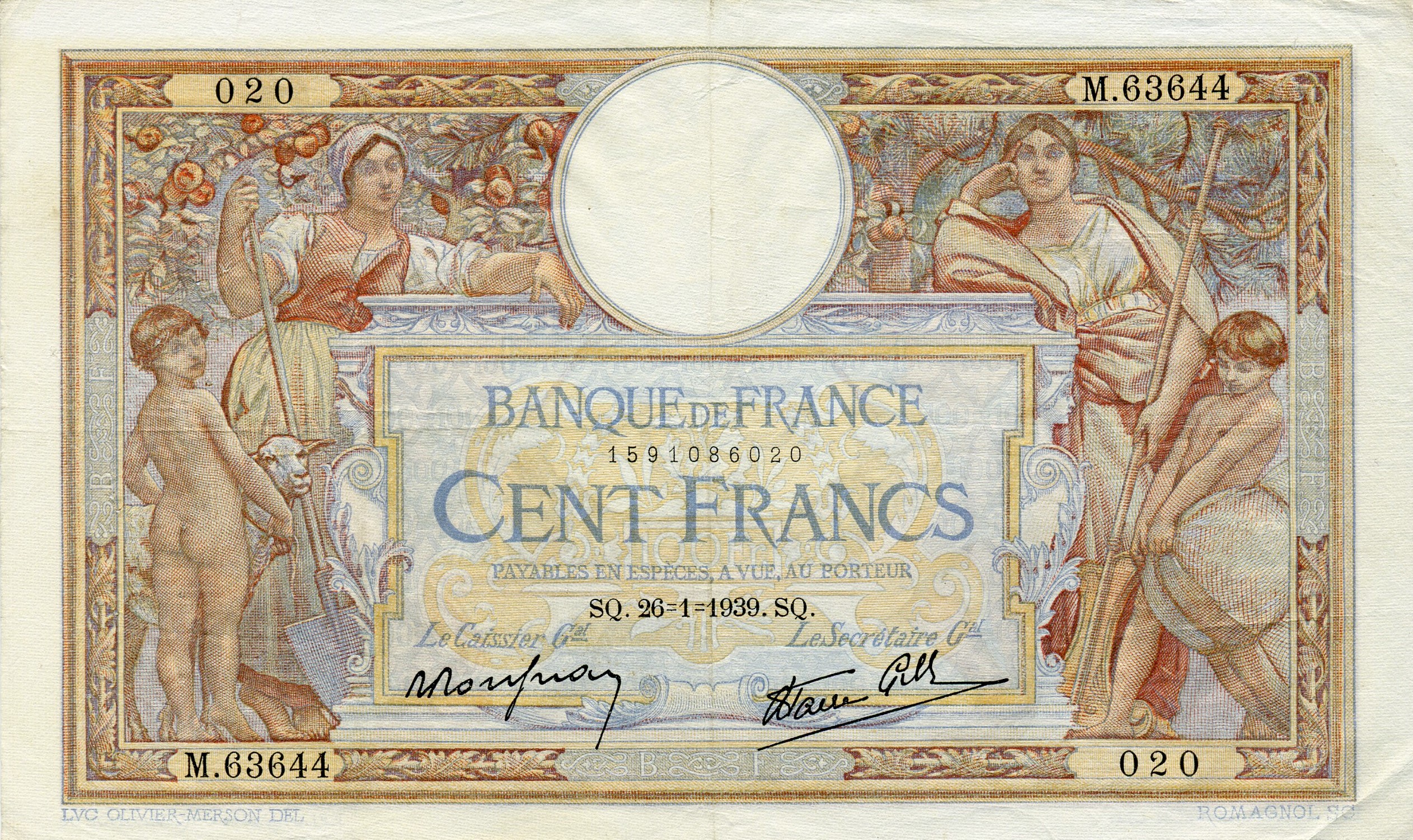 100 франков 1939 года серия М. Аверс. Реферат Рефератович.