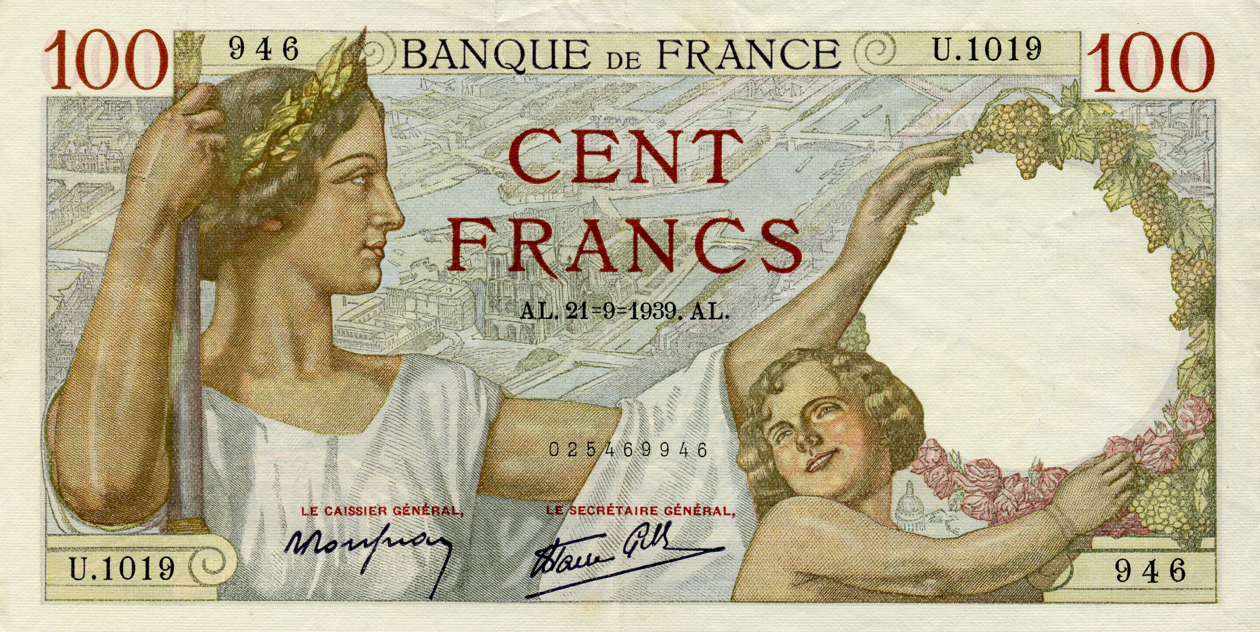 100 франков 1939 года серия U. Аверс. Реферат Рефератович.