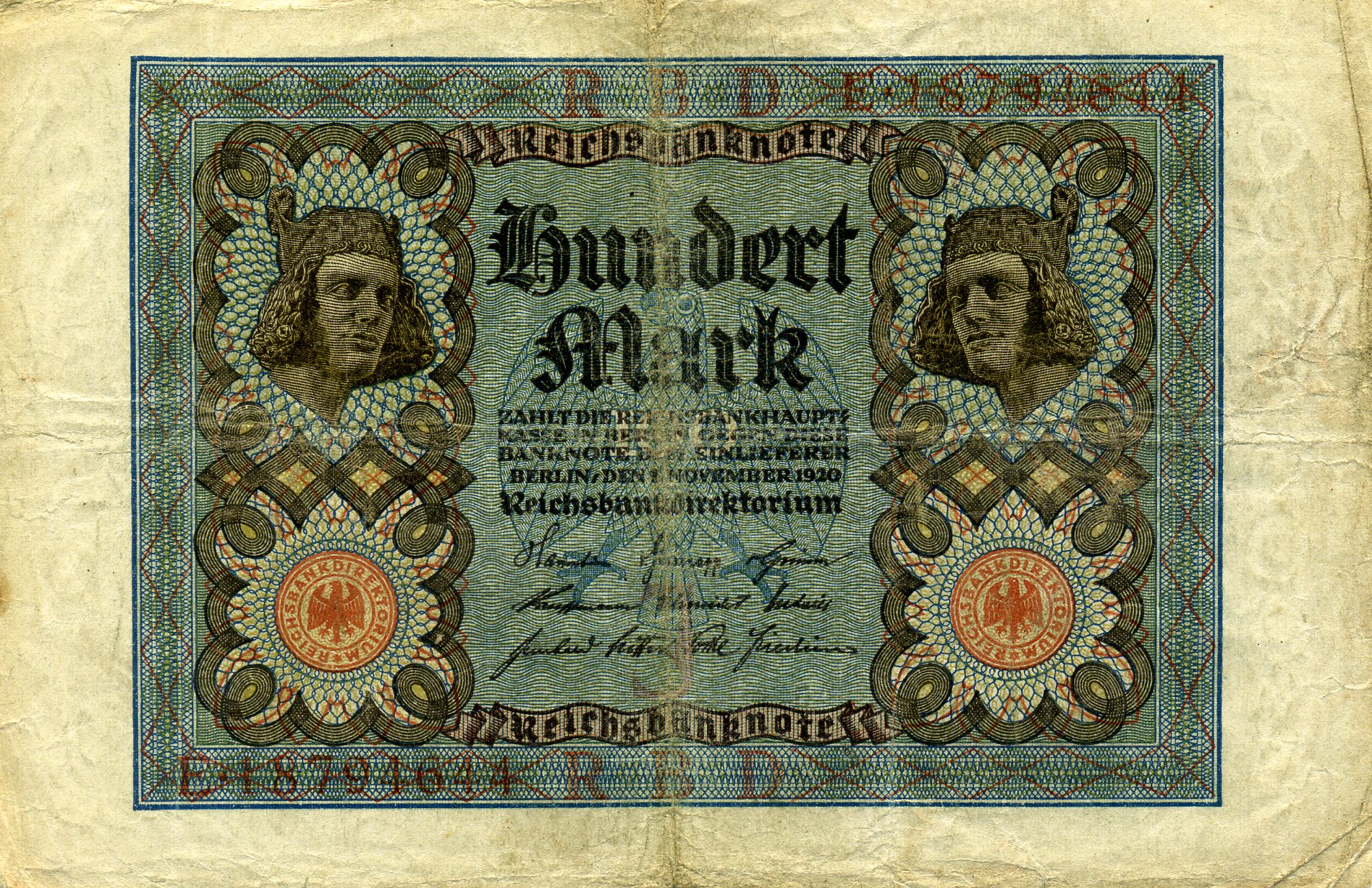 100 марок 1 ноября 1920 года. Аверс. Реферат Рефератович.