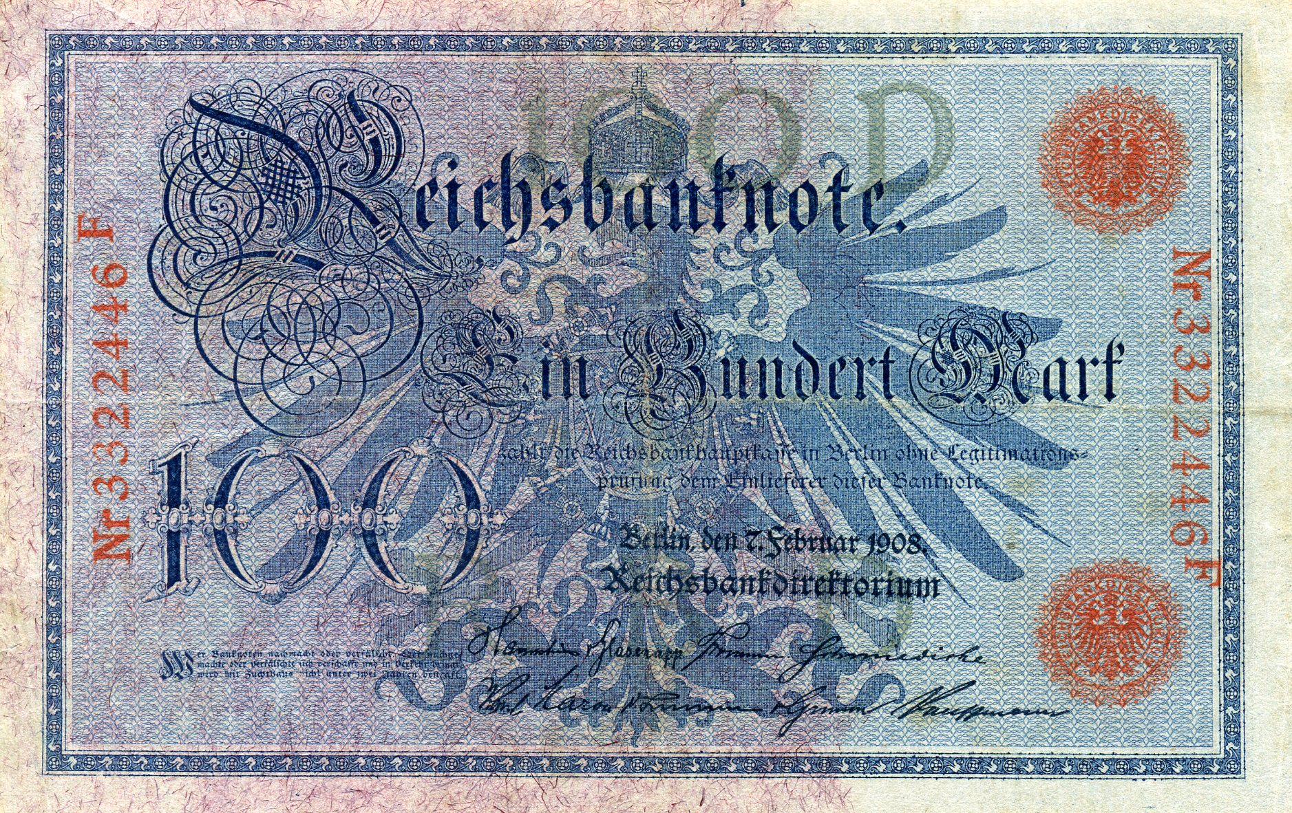100 марок 7 февраля 1908 года. Красная печать. Аверс. Реферат Рефератович.