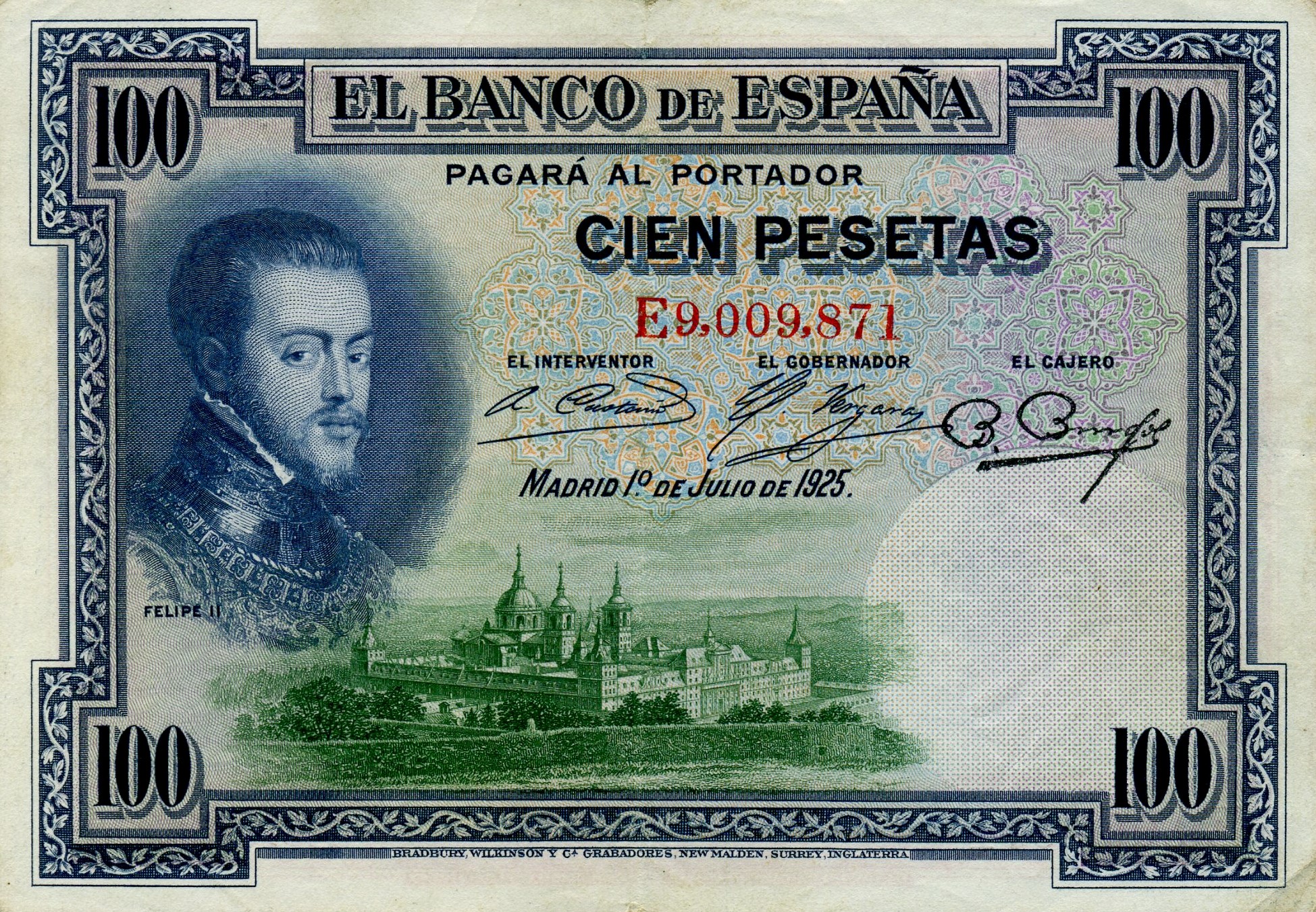 100 песо 1925  года. Фелип II. Испания. Аверс. Реферат Рефератович.