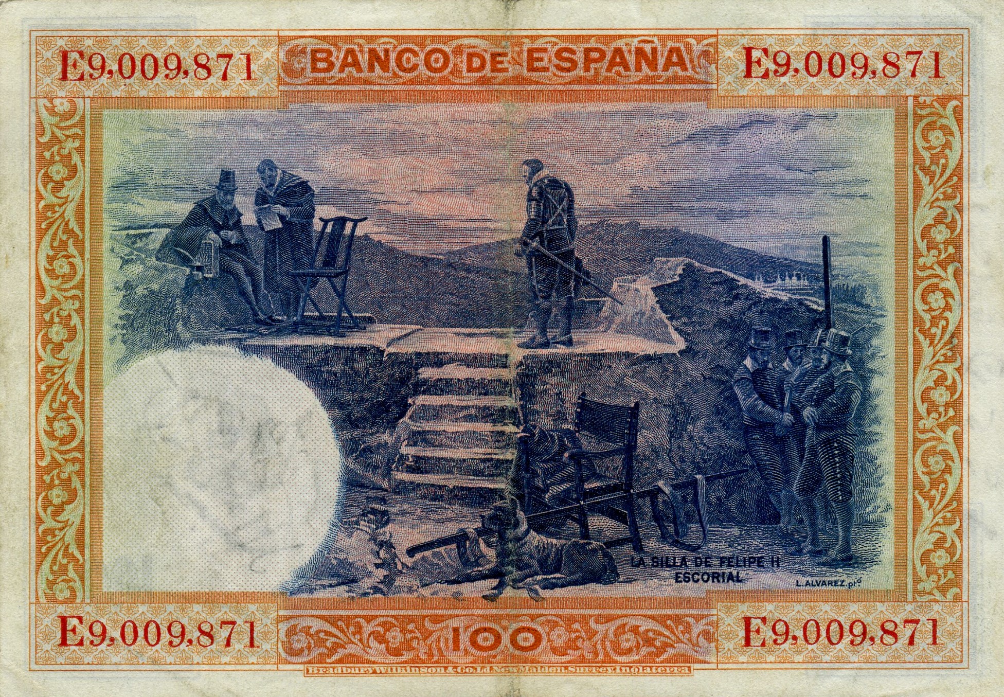 100 песо 1925  года. Фелип II. Испания. Реверс. Реферат Рефератович.