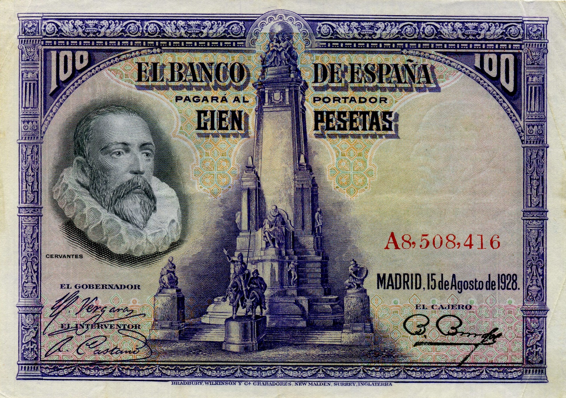 100 песо 1928 года. Сервантес. Испания. Аверс. Реферат Рефератович.