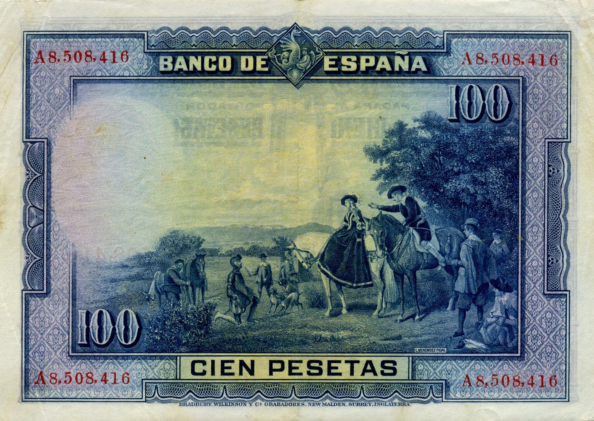 100 песо 1928 года. Сервантес. Испания. Реверс. Реферат Рефератович.