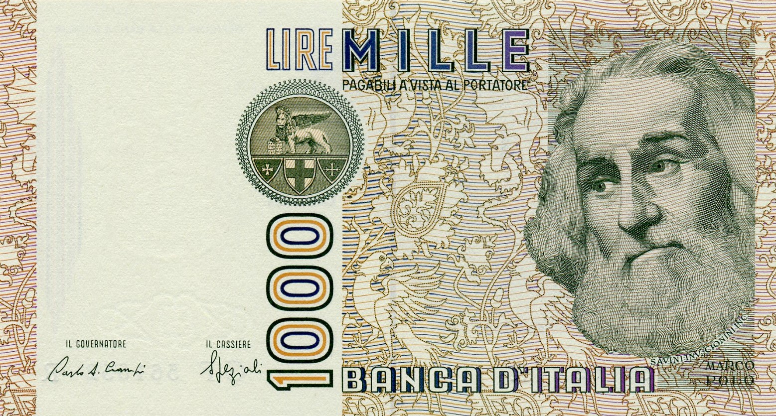 1000 итальянских лир 1982 года. Марко Поло. Аверс. Реферат Рефератович.