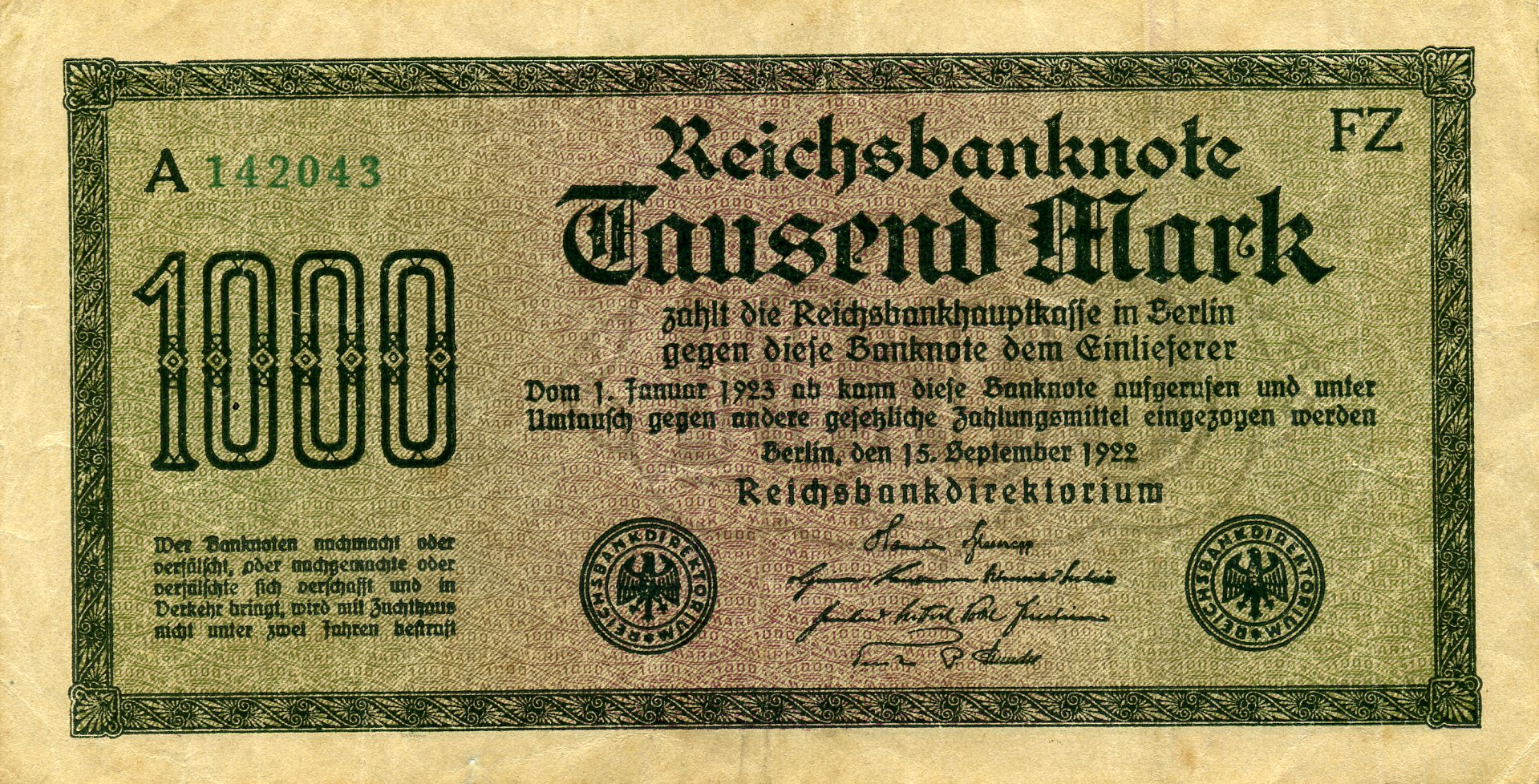 1000 марок 15 сентября 1922 года. Аверс. Реферат Рефератович.