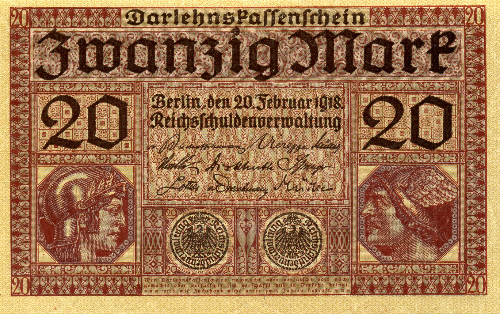 20 марок 20 февраля 1918 года. Коричневая печать. Аверс. Реферат Рефератович.