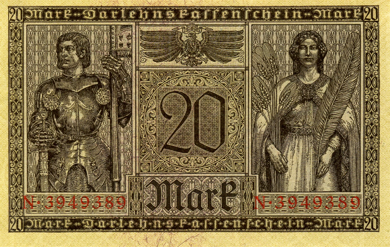 20 марок 20 февраля 1918 года. Коричневая печать. Реверс. Реферат Рефератович.