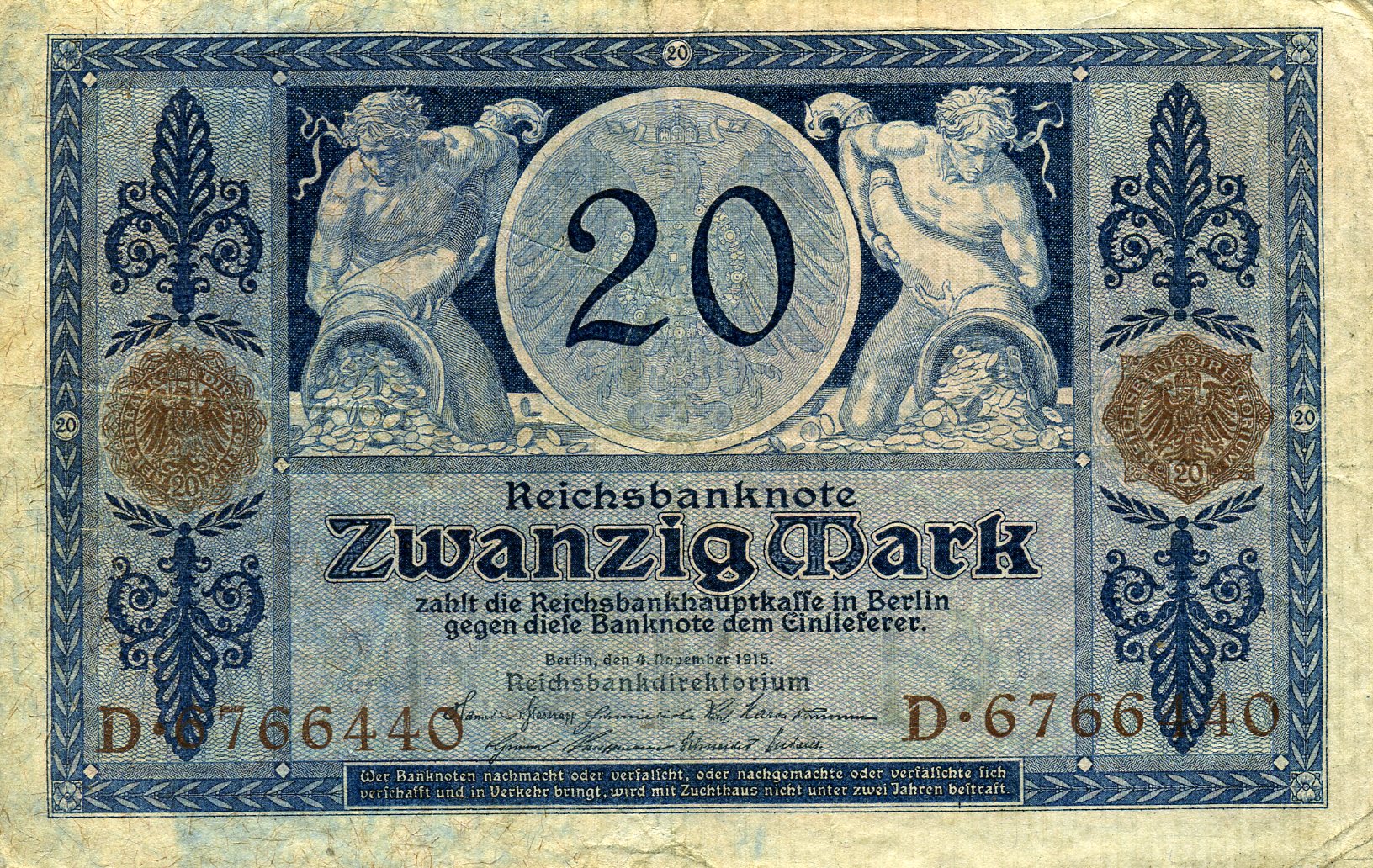 20 марок 4 ноября 1915 года. Коричневая печать. Аверс. Реферат Рефератович.