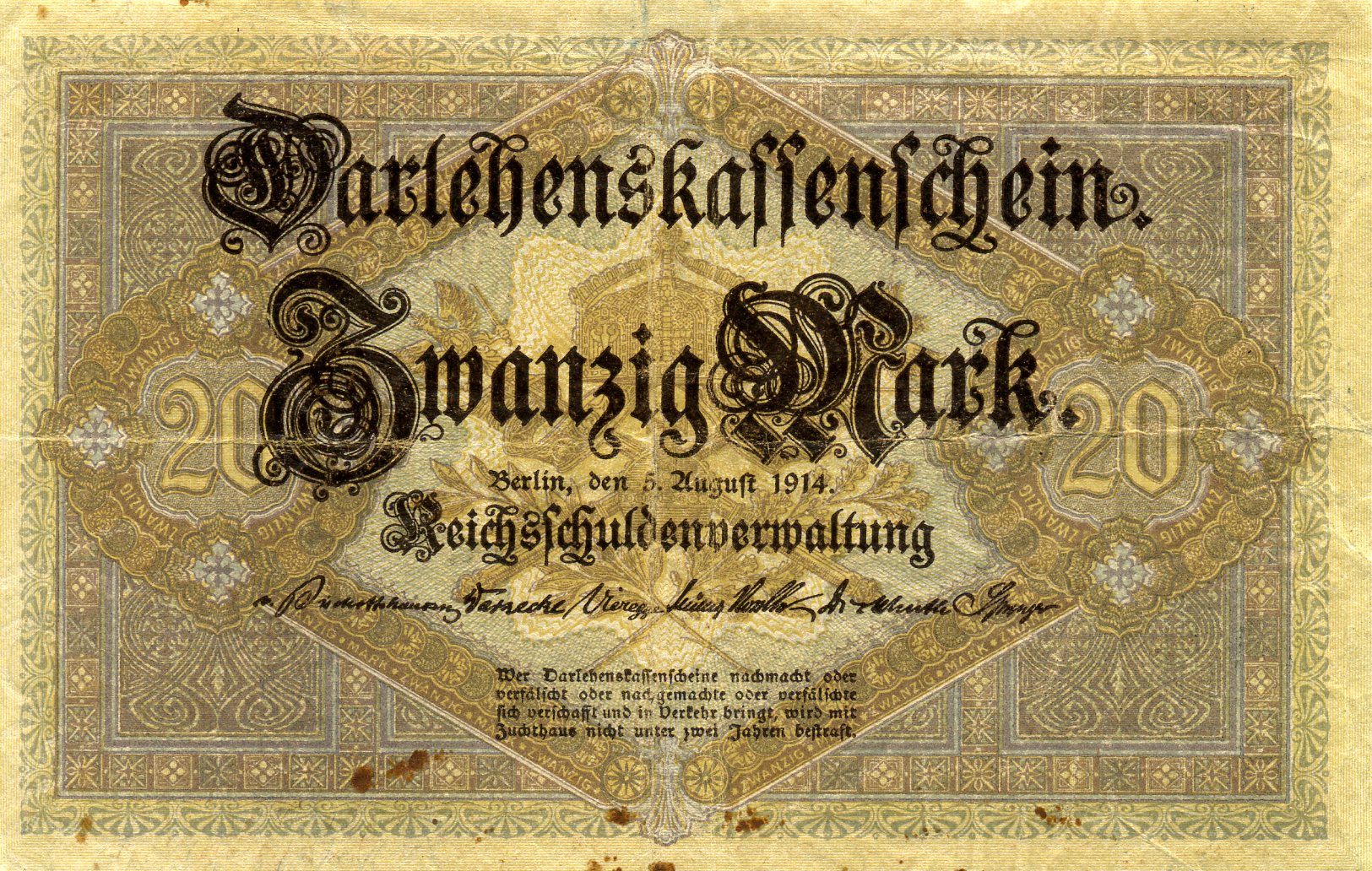 20 марок 5 августа 1914 года. Коричневая печать. Реверс. Реферат Рефератович.