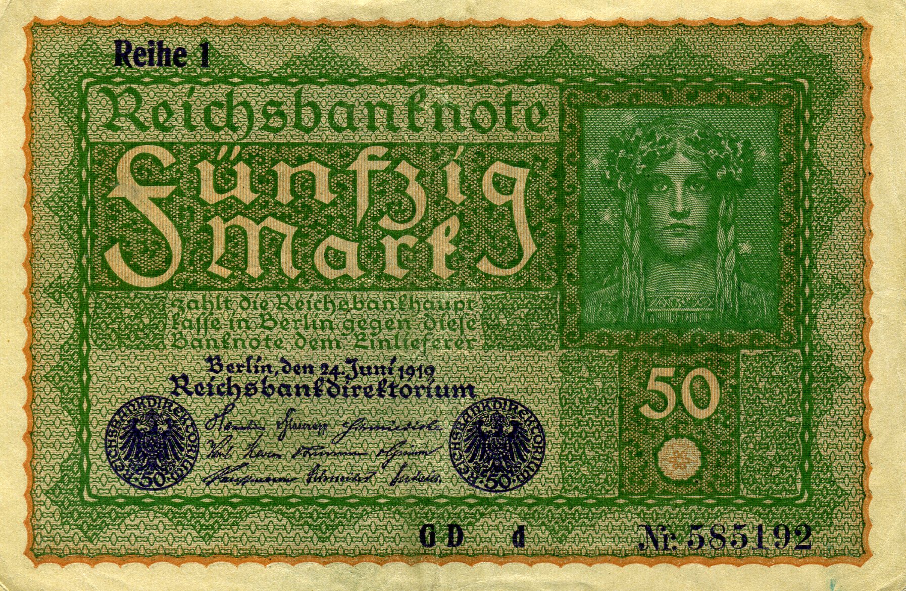 50 марок 24 июня 1919 года. Аверс. Реферат Рефератович.